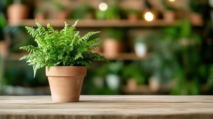 A charming little fern gracefully positioned in a terracotta pot, showcasing its lush green foliage against a blurred backdrop of indoor plants and warm lighting for a cozy ambiance.