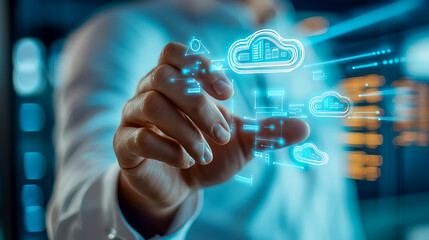 Businessman Touching Holographic Cloud Computing Interface Digital Transformation