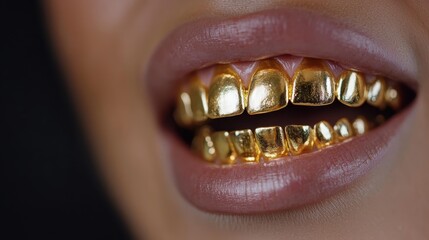 Obraz premium An up-close view of a mouth displaying gold dental accessories, capturing the essence of contemporary style and individual expression through bold and glamorous design choices.