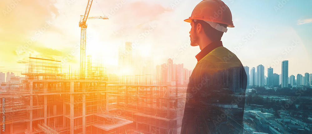 Poster future building construction engineering project with double exposure -