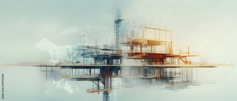 Poster future building construction engineering project with double exposure -