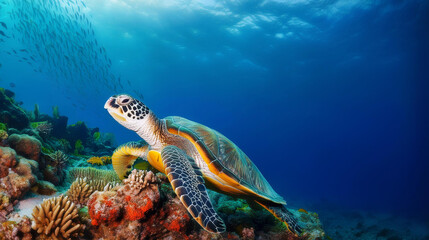 Stunning Sea Turtle Swimming Over A Colorful Coral Reef In Clear Waters