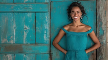 A joyful Afro Latin person poses with a radiant smile while standing against a cheerful turquoise wooden wall