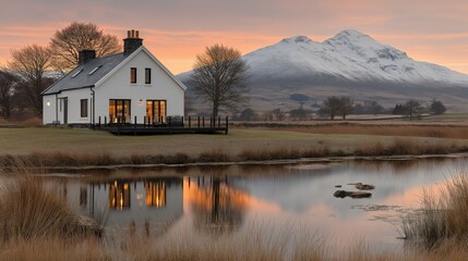Fototapeta premium A white house overlooks calm water, reflecting snow-capped mountains at sunset in a serene setting