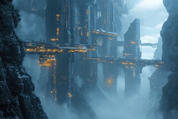 Fototapeta premium Futuristic vertical cityscape with floating bridges in a misty canyon