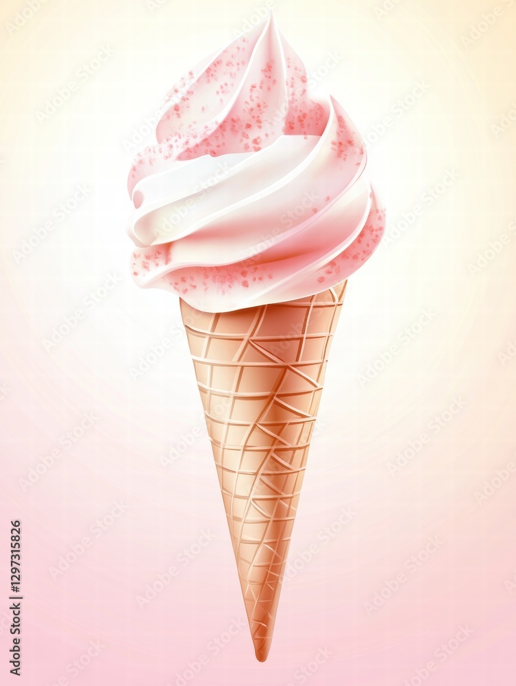 Poster delicious ice cream cone with pink and white swirls on a pastel background during a warm summer day.