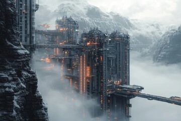 Icy futuristic city perched on the edge of a frozen cliff