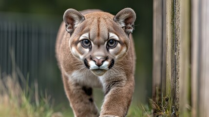Obraz premium Cougar in a grassy enclosure, focusing on a close-up of its face. Wildlife observation