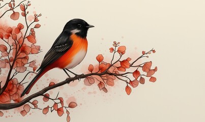 Fototapeta premium A vibrant bird with orange and black feathers sits on a slender branch adorned with delicate autumn leaves