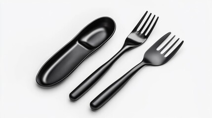 Set of Black Forks and Spoons on a White Background. Generative AI