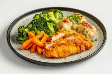 Fototapeta premium Delicious fried chicken served with steamed broccoli, carrots, and dumplings on a plate