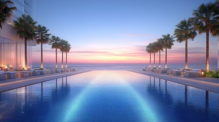 Obraz premium Sunset infinity pool at modern beachfront resort