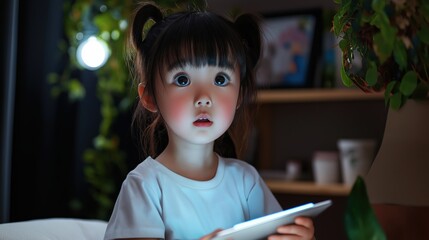 A young child with pigtails gazes at a tablet's light in a warm, inviting room filled with plants and soft decorations