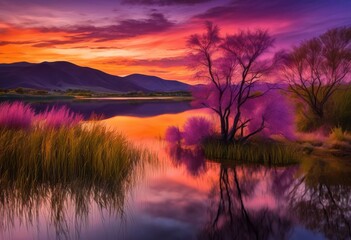 Fototapeta premium serene dusk landscape showcasing captivating elements nature vibrant colors breathtaking views, beauty, silhouette, sky, clouds, horizon, water, reflection