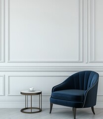 Empty navy blue armchair, marble side table in elegant white room