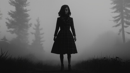 A mysterious figure stands alone in a fog-filled forest at dusk, hinting at ritualistic undertones and an eerie atmosphere