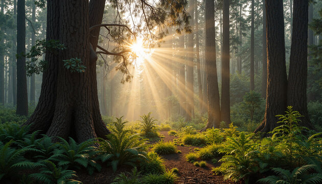 Native kauri tree in New Zealand forest with sunlight beams