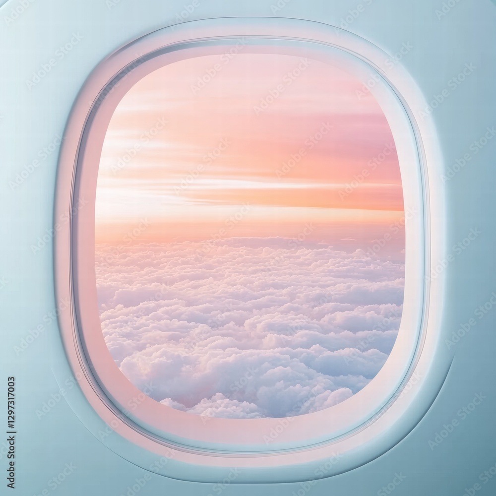 Poster colorful sunset viewed from an airplane window above fluffy clouds at high altitude during a serene 