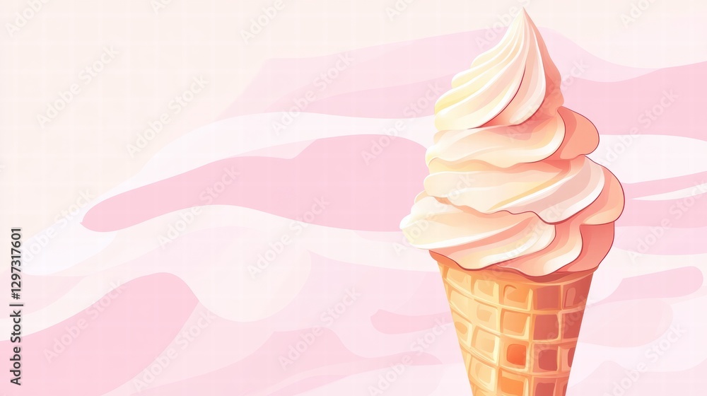 Poster Soft serve ice cream cone topped with creamy swirls against a pastel pink background in a modern design. Generative AI