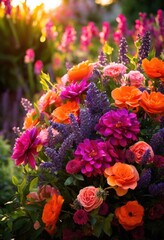 vibrant close beautifully arranged blossoming garden flowers showcasing colorful petals lush greenery captivating spring setting, bloom, arrangement, leaf, hue