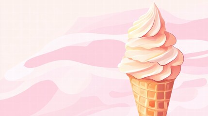 Soft serve ice cream cone topped with creamy swirls against a pastel pink background in a modern design. Generative AI