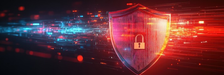 Digital code flows through a secure shield with a locked symbol representing cyber protection