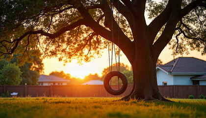 Oak tree with tire swing in suburban backyard during sunset
