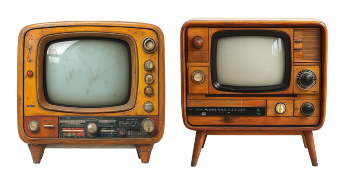 Vintage tv collection of two wooden televisions on a transparent background, generative ai