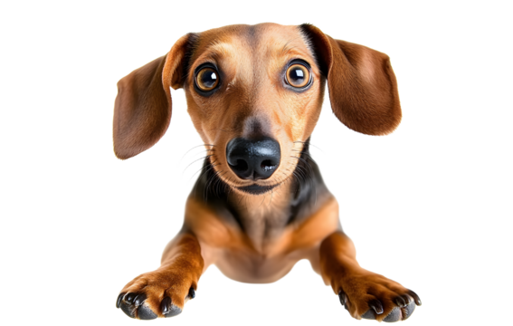 Cute playful doggy or pet is playing and looking happy isolated on transparent background. dachshund young dog is posing. Cute, happy crazy dog headshot smiling on transparent, png