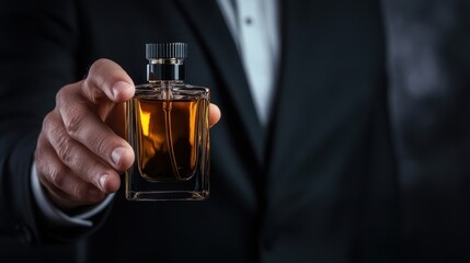 A sophisticated man dressed in formal attire presents an elegant perfume bottle, showcasing luxury and allure, set against a mysterious dark backdrop.