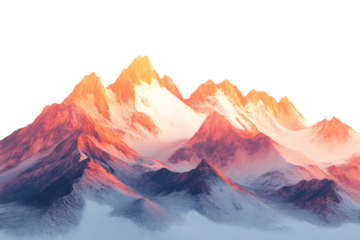 Glowing mountain peaks isolated. Snow-covered summits illuminated by warm golden light, creating a breathtaking contrast between icy slopes and fiery hues. AI generated.  .