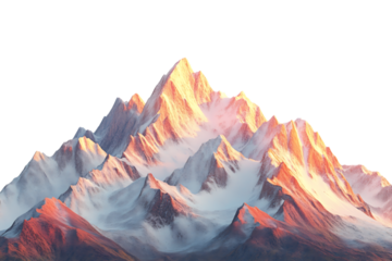 Snowy mountain peaks isolated. Majestic summits covered in snow, illuminated by warm sunlight, creating a breathtaking and serene alpine landscape. AI generated.  .``.