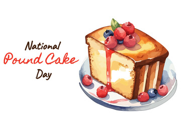 National Pound Cake Day March 4. Illustration of pound cake on a plate with berries suitable for National Pound Cake Day celebration. Holiday concept for background, banner, card, poster.