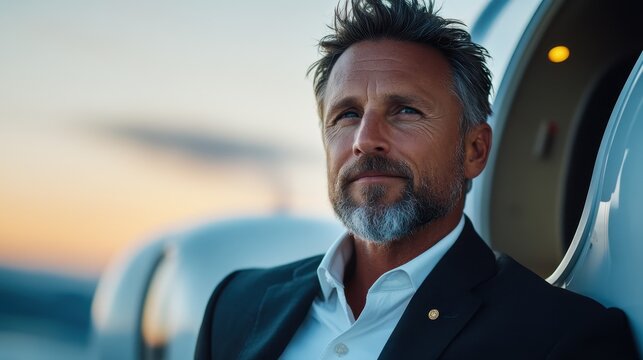 A thoughtful man in a suit gazes into the distance against a magnificent sunset, embodying confidence and contemplation, representing aspirational lifestyle and achievement.