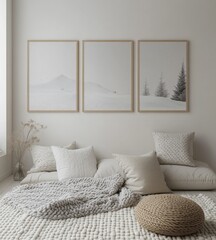 Cozy room with framed winter landscape prints