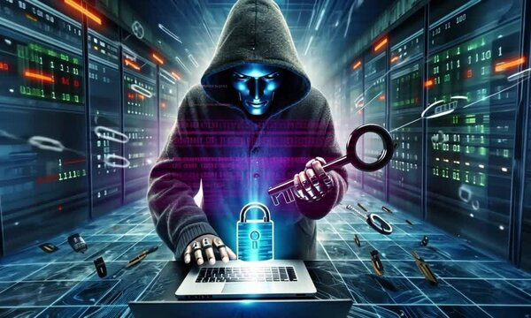 Futuristic Hacker Unlocking Digital Lock in Neon Server Room