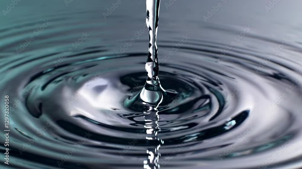 Poster close-up video of water droplet creating ripples on a calm surface. captured from a low angle, empha