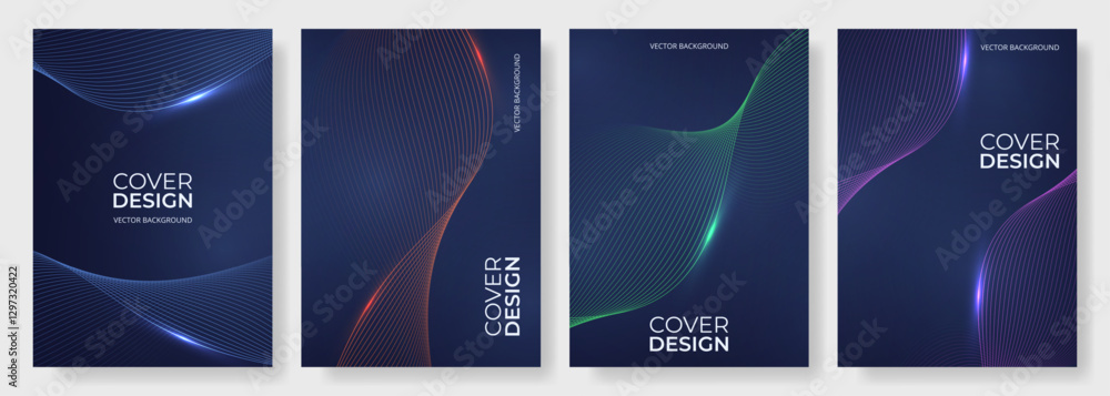 Aufkleber abstract dark blue poster set with glowing wavy lines. modern technology cover design vector templat