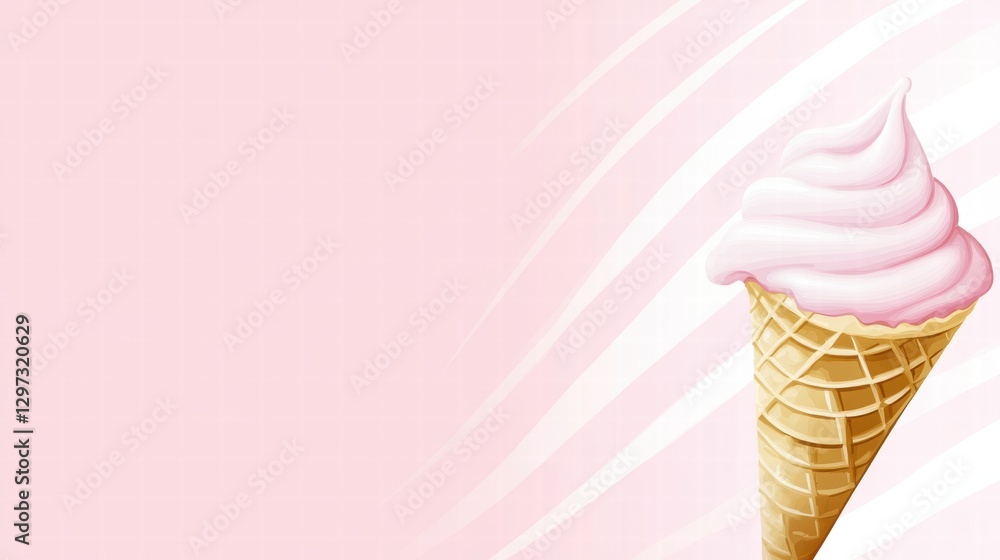 Poster sweet pink soft serve ice cream cone with a waffle cone against a pastel background. generative ai