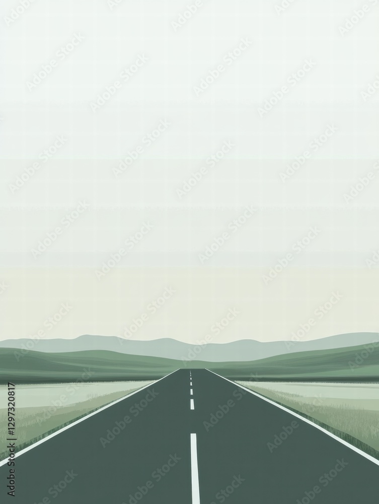 Poster open road stretching through serene landscapes with distant mountains on a clear day. generative ai