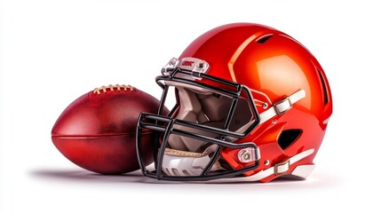 Fototapeta premium Bright Red Football Helmet and Ball Isolated on White Background. Generative AI