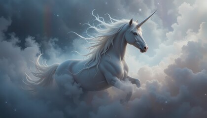 White horse running through the sky, snow, and fog in a beautiful and wild illustration