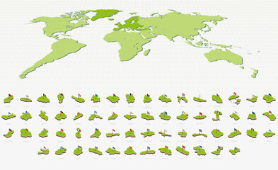 European Maps and Flags in Isometric Style. Isometric Maps Collection