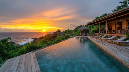 Fototapeta premium Tropical infinity pool at sunset overlooking the ocean