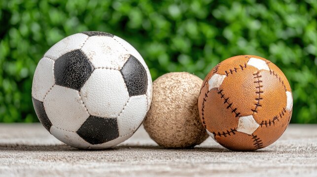 Soccer, baseball, golf balls on wood, green background; sports equipment