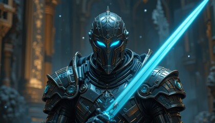 Fototapeta premium Fantasy knight in bioluminescent armor leading a session