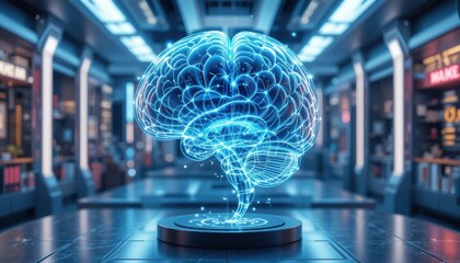 Side view of a transparent holographic brain in a lab