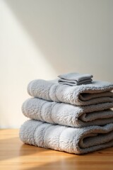 Neatly stacked gray towels on a wooden surface with soft sunlight and minimalistic background
