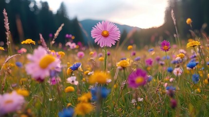 Colorful wildflowers in a meadow at sunset, scenic mountain backdrop. Potential use Nature photography