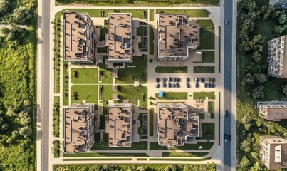 Aerial view of modern apartment complex, landscaped grounds, parking, residential area